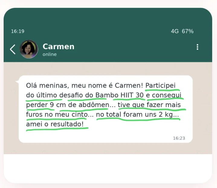 Depoimento de Carmen sobre o Bambo HIIT 30 — print do WhatsApp