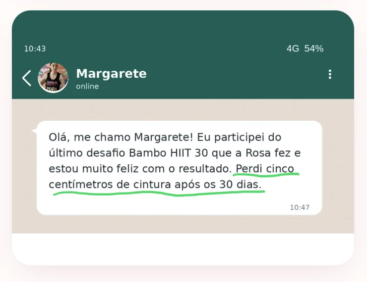 Depoimento de Margarete sobre o Bambo HIIT 30 — print do WhatsApp