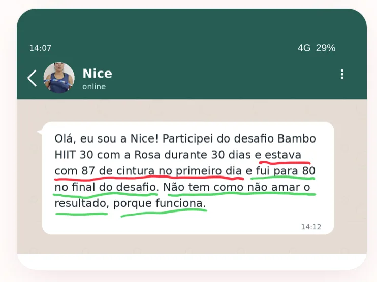 Depoimento de Nice sobre o Bambo HIIT 30 — print do WhatsApp