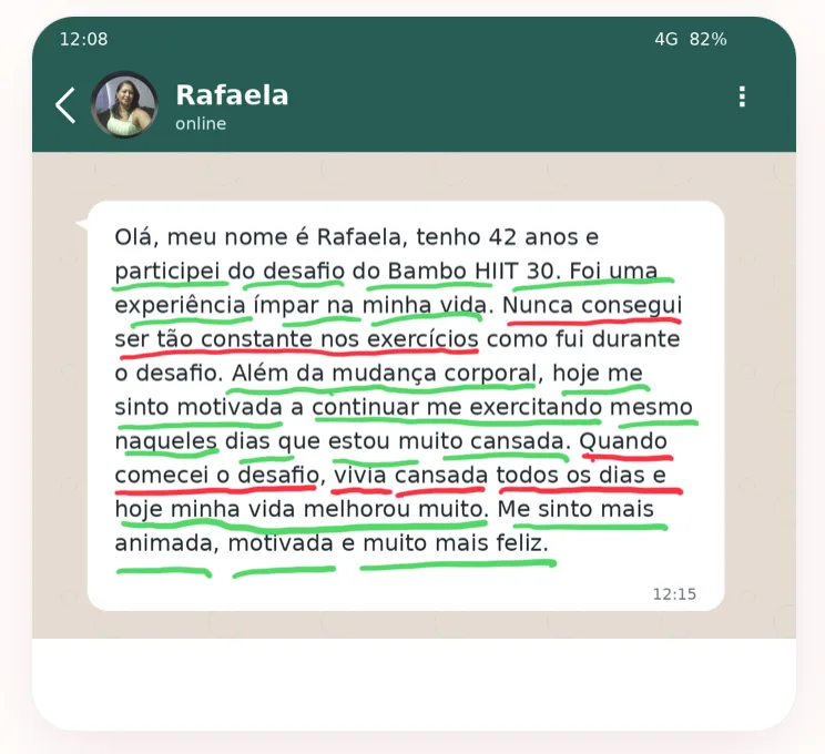 Depoimento de Rafaela sobre o Bambo HIIT 30 — print do WhatsApp