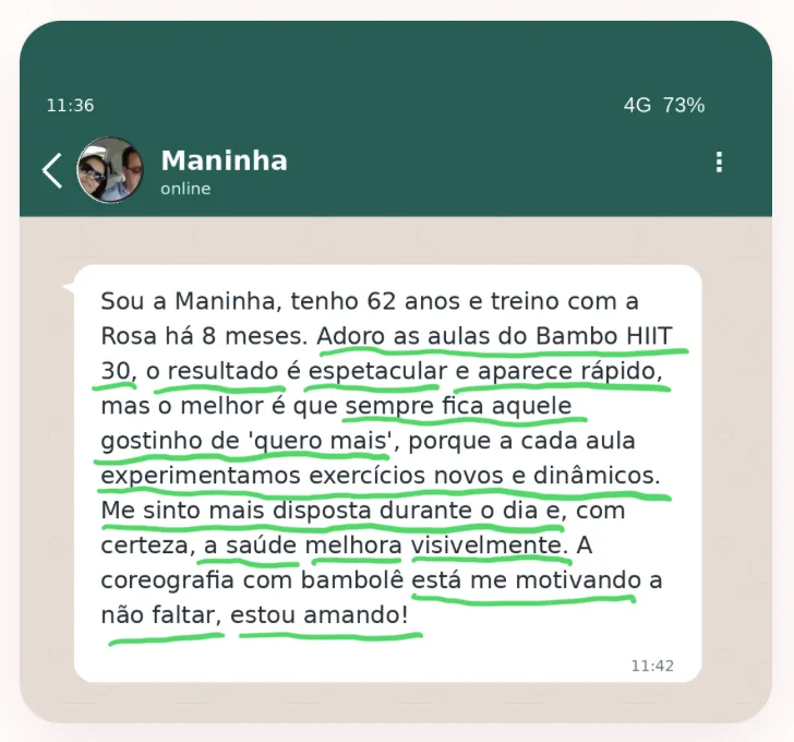 Depoimento de Maninha sobre o Bambo HIIT 30 — print do WhatsApp