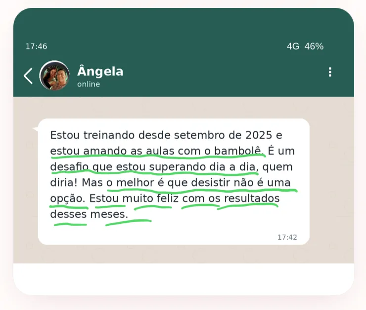 Depoimento de Ângela sobre o Bambo HIIT 30 — print do WhatsApp