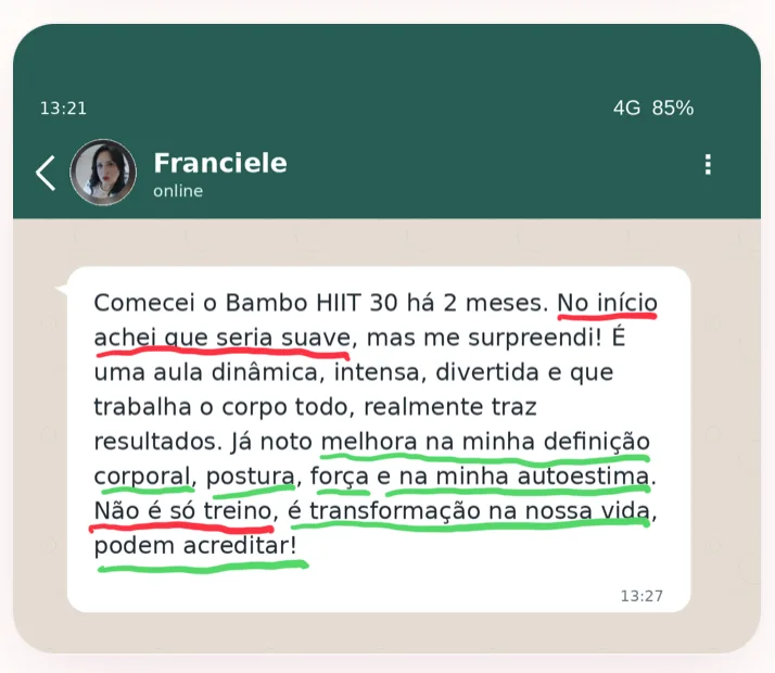 Depoimento de Franciele sobre o Bambo HIIT 30 — print do WhatsApp