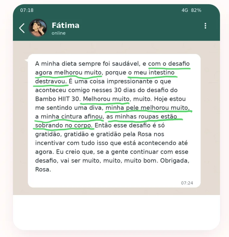 Depoimento de Fátima sobre o Bambo HIIT 30 — print do WhatsApp