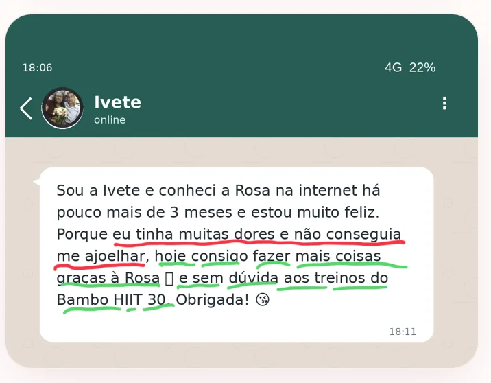 Depoimento de Ivete sobre o Bambo HIIT 30 — print do WhatsApp