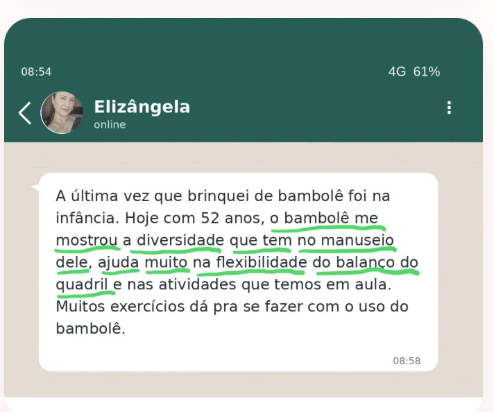 Depoimento de Elizângela sobre o Bambo HIIT 30 — print do WhatsApp