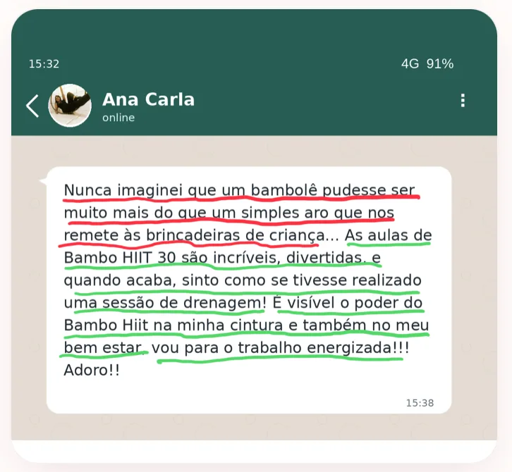 Depoimento de Ana Carla sobre o Bambo HIIT 30 — print do WhatsApp