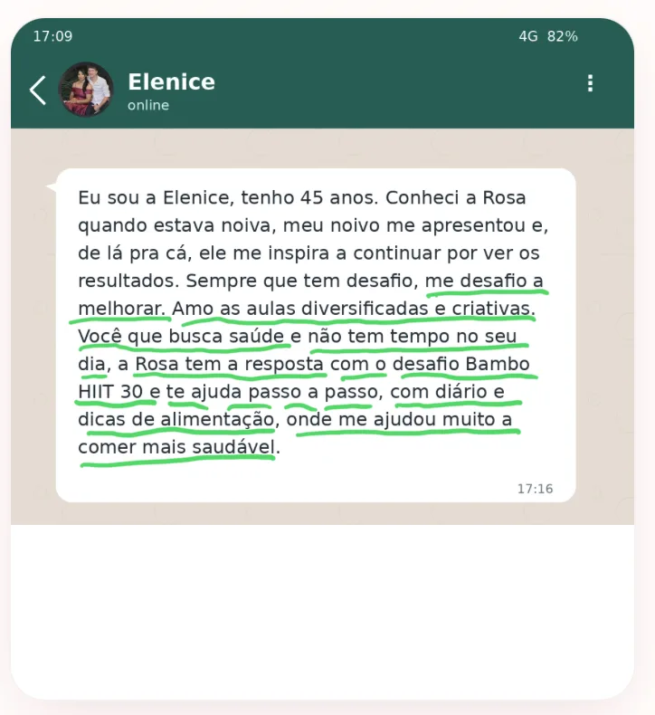 Depoimento de Elenice sobre o Bambo HIIT 30 — print do WhatsApp