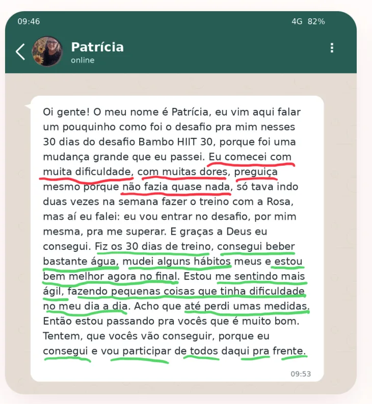 Depoimento de Patrícia sobre o Bambo HIIT 30 — print do WhatsApp