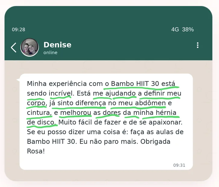 Depoimento de Denise sobre o Bambo HIIT 30 — print do WhatsApp